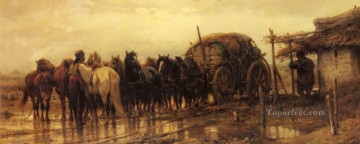  horses Oil Painting - Arab Hitching Horses To The Wagon Arab Adolf Schreyer